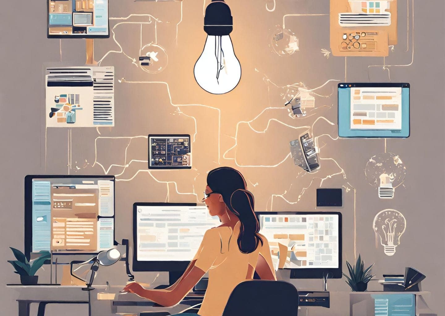 woman working on computer surrounded by different screens and lightbulb above head