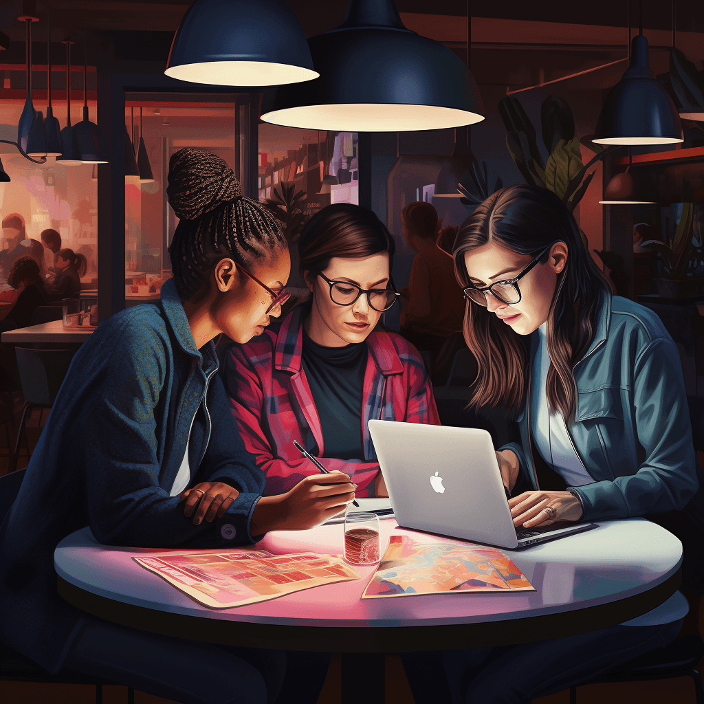 Illustration of three women working at a small table, woman on right has a Mac laptop
