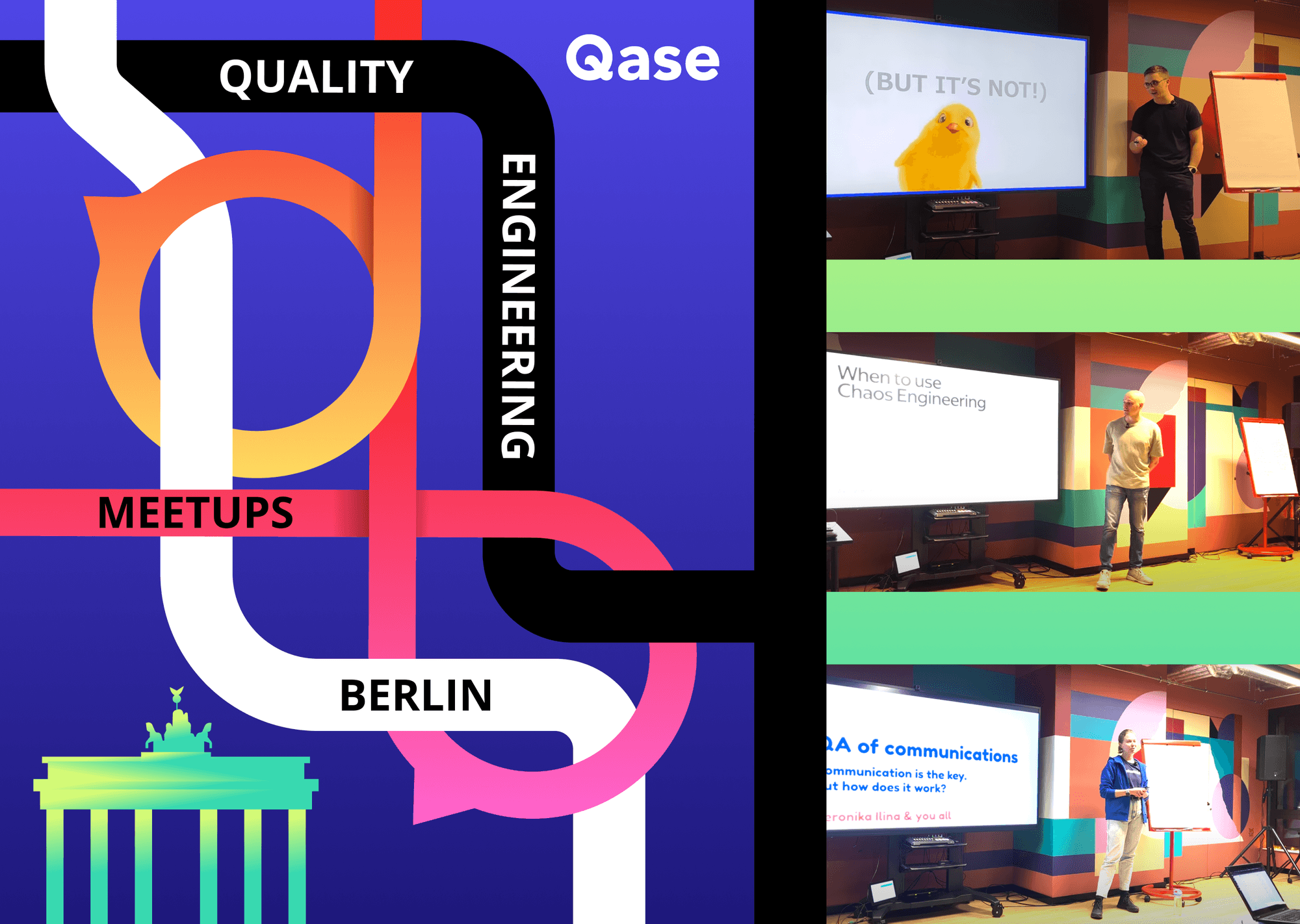 Photo collage of talks from Quality Engineering Meetup in Berlin
