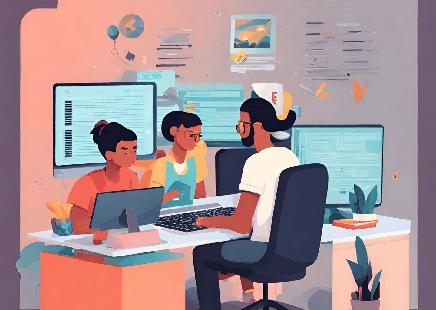 Illustration of three people sitting around a desk, surrounded by computer screens