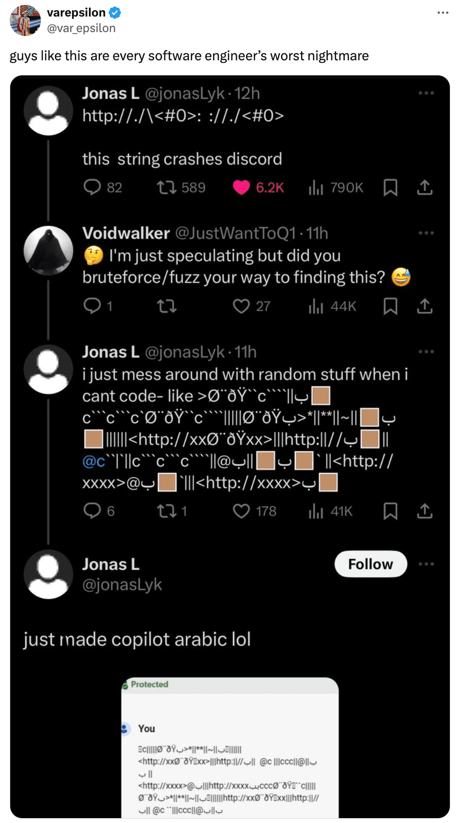 Screenshot of a Twitter thread discussing a very specific edge case on Discord