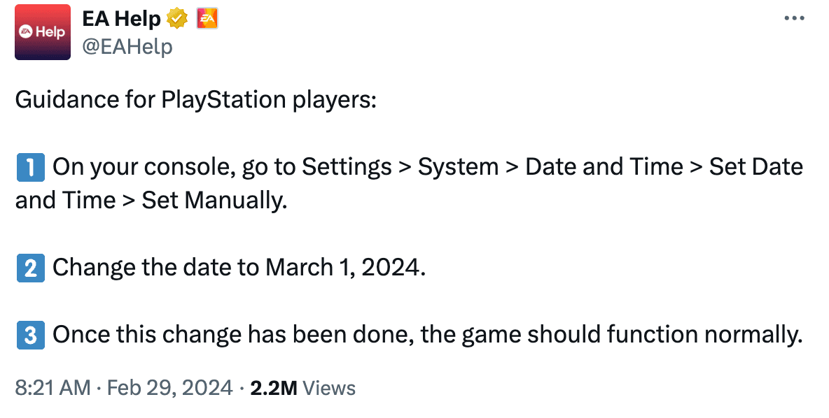 Tweet from EAHelp with workaround instructions for Leap Day bug