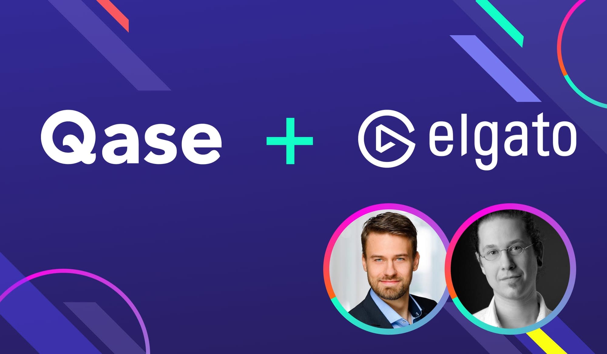 Purple background, white text "Qase + Elgato" above headshots of 2 men