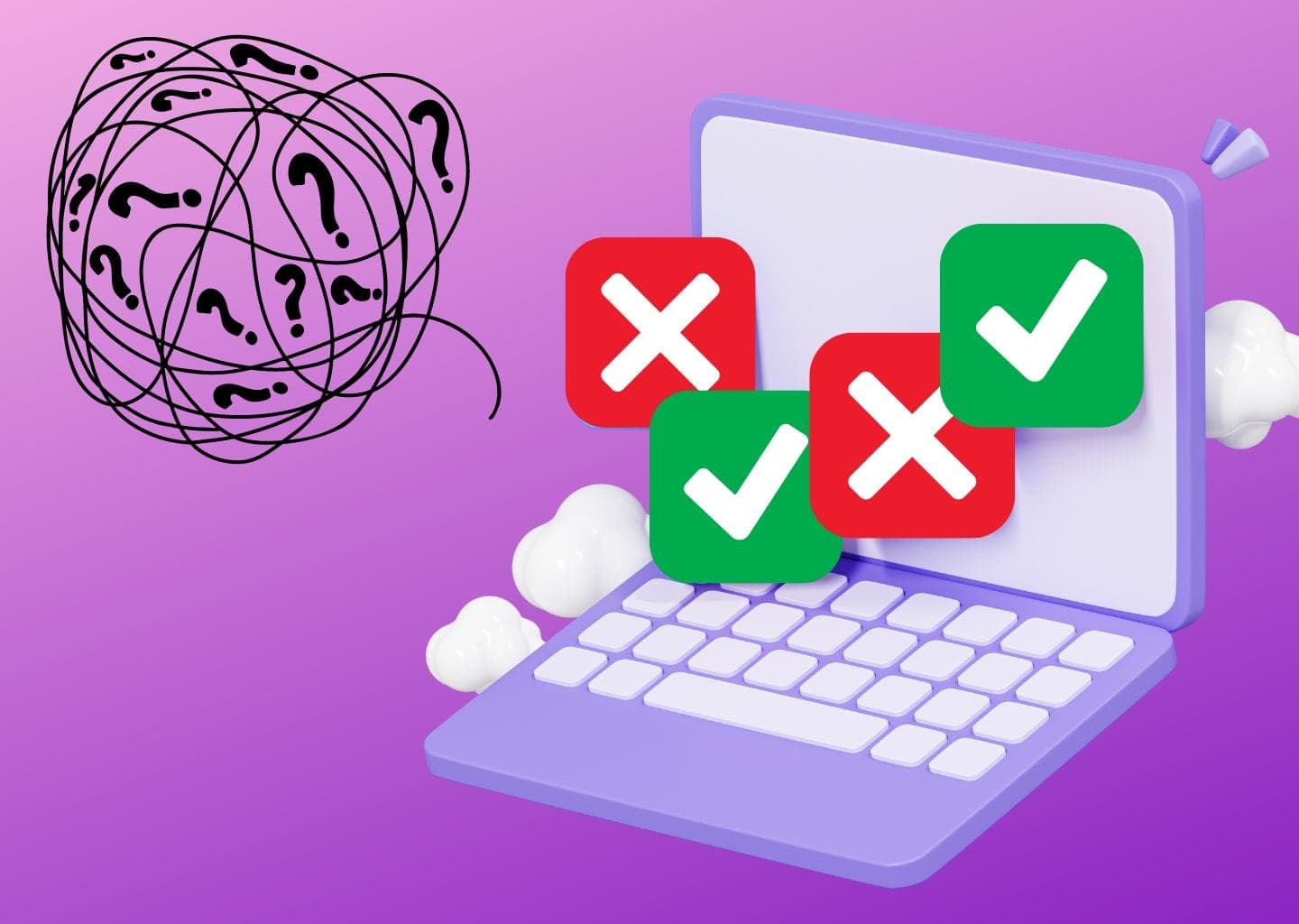 Laptop with a mix of pass/fail results next to a jumbled mass of question mar