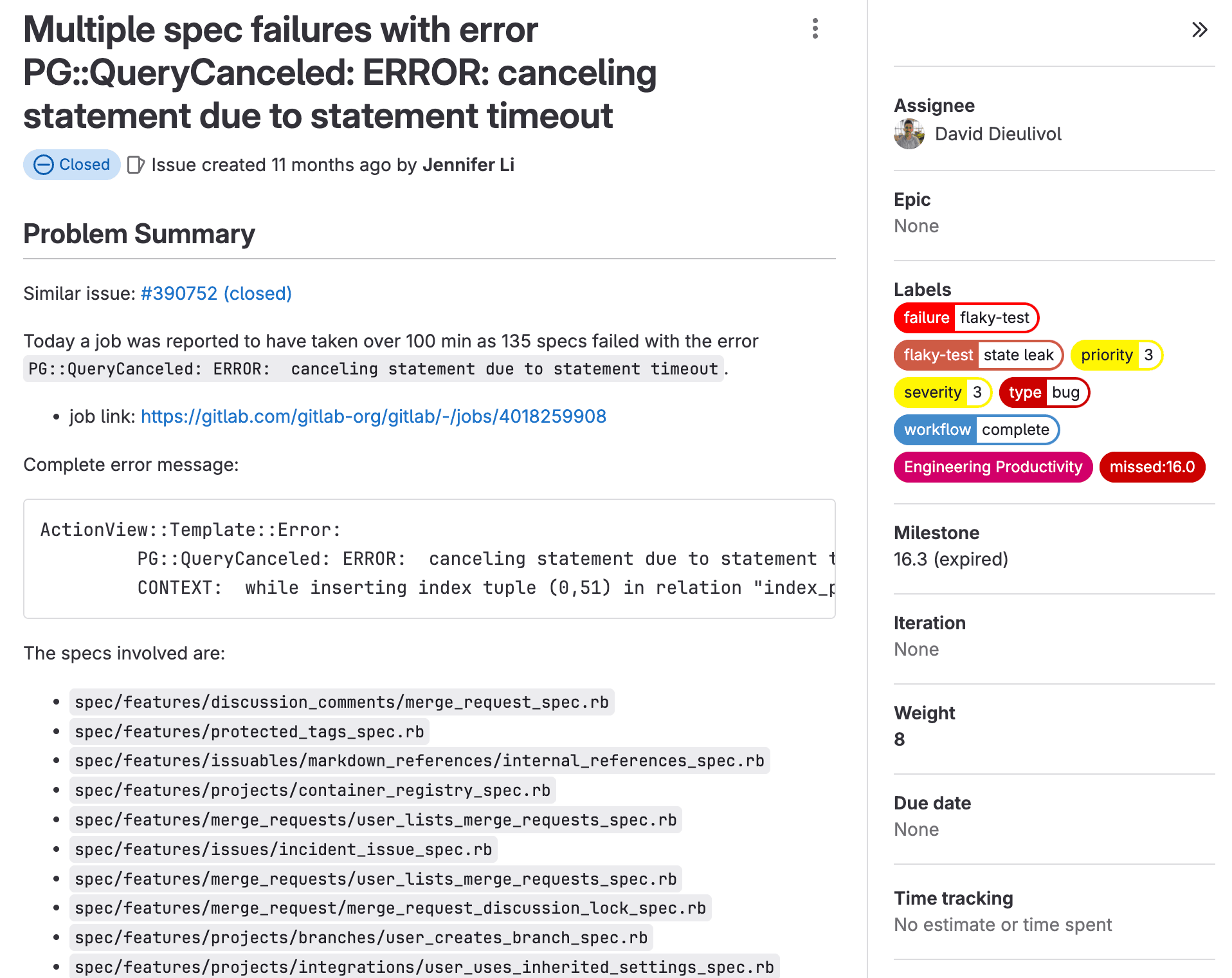Screenshot from Gitlab showing multiple spec failures
