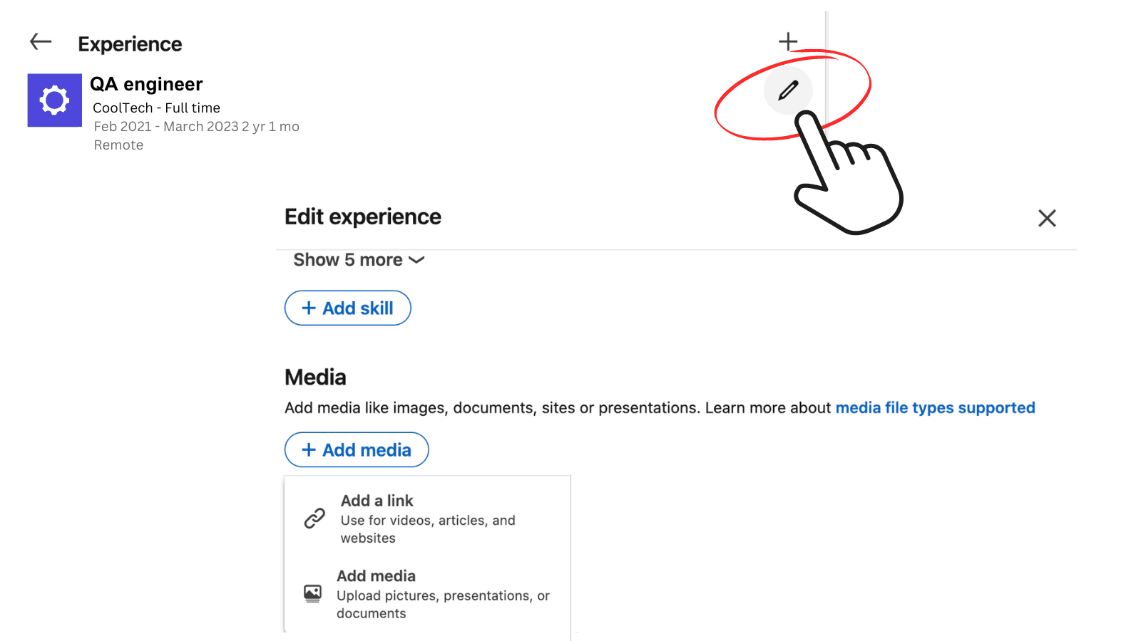Screenshots demonstrating clicking the pencil icon next to experience on Linkedin and adding media