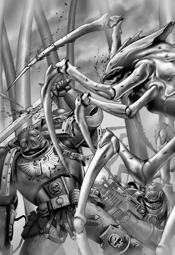 Warhammer 40k: Space Marine of Emperor’s Children chapter fighting a megarachnid bug.