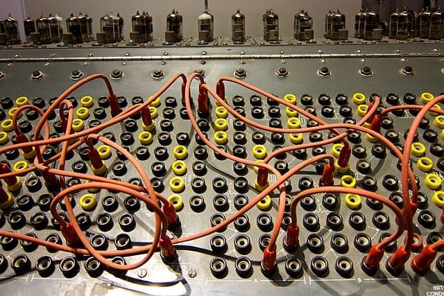 Photo of an analog patch board
