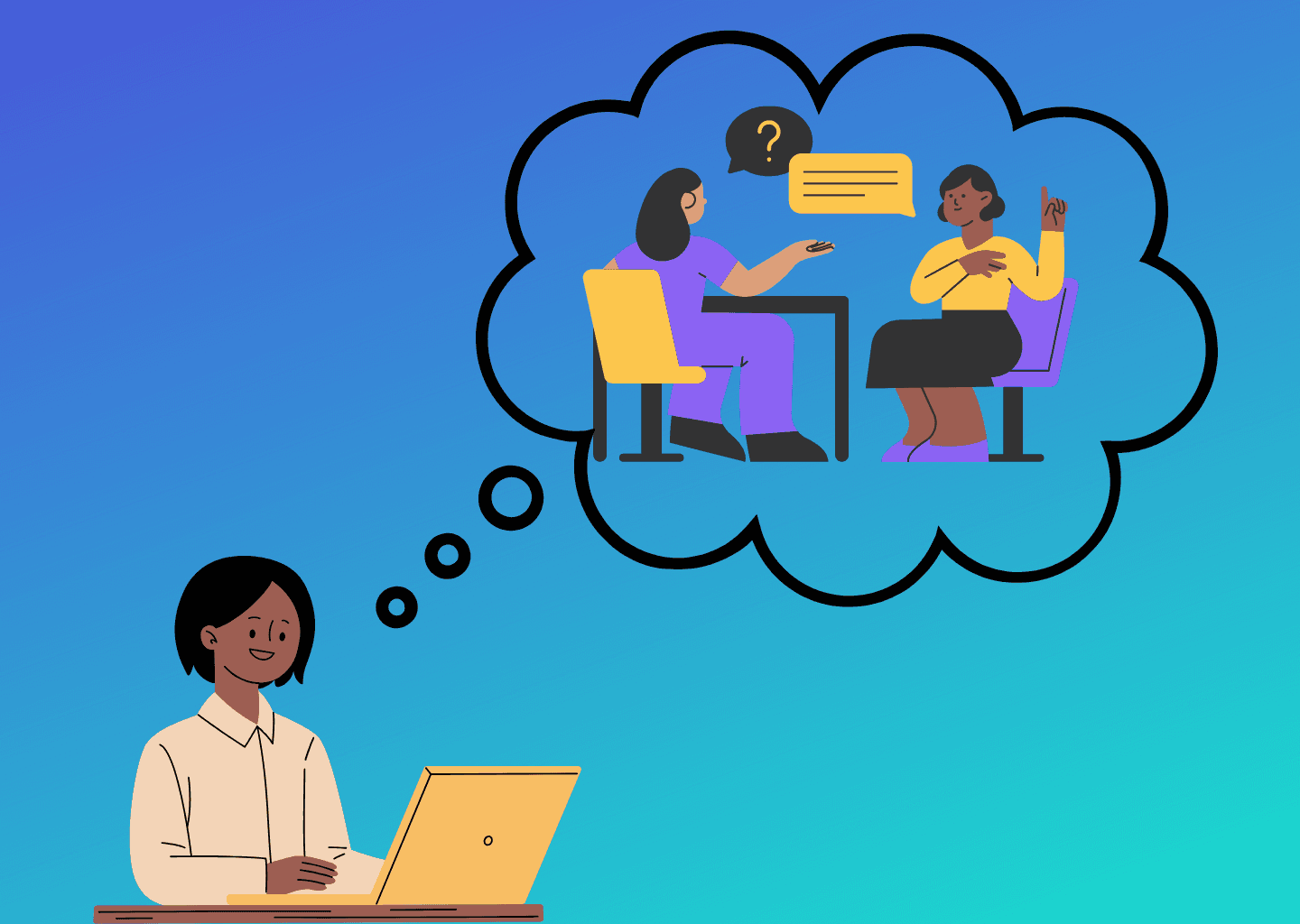 Illustration of a woman researching on a computer and a thought bubble showing her in an interview