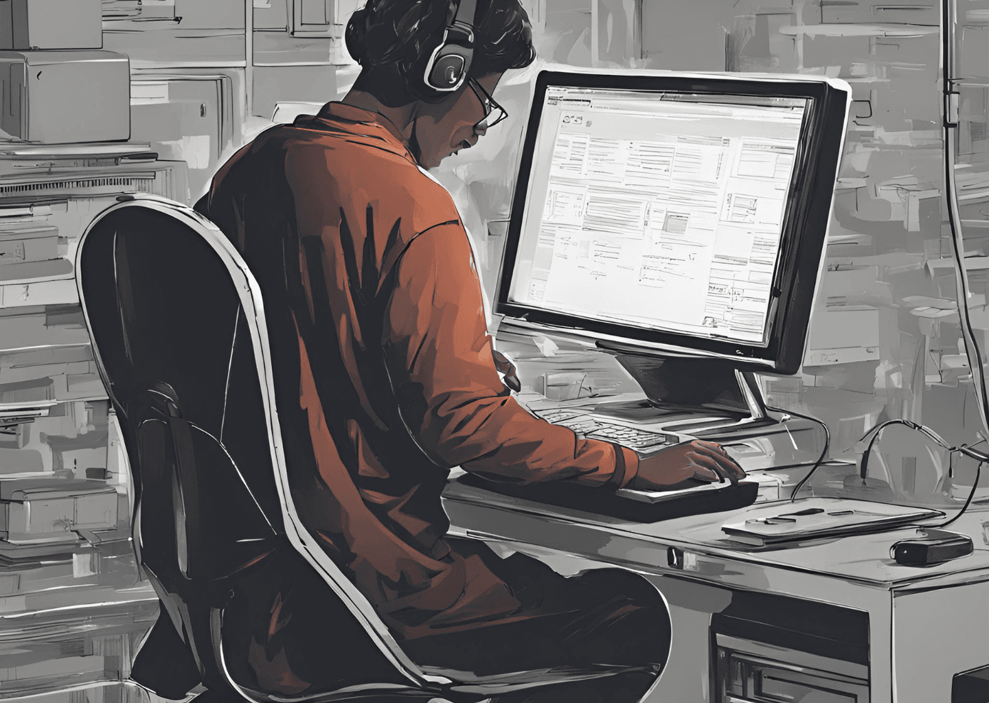 Black and white illustration o person working on computer