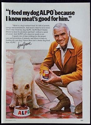 Vintage advertisement showing actor Lorne Green with his dog eating Alpo dogfood. Text "I feed my dog ALPO because I know meat's good for him."