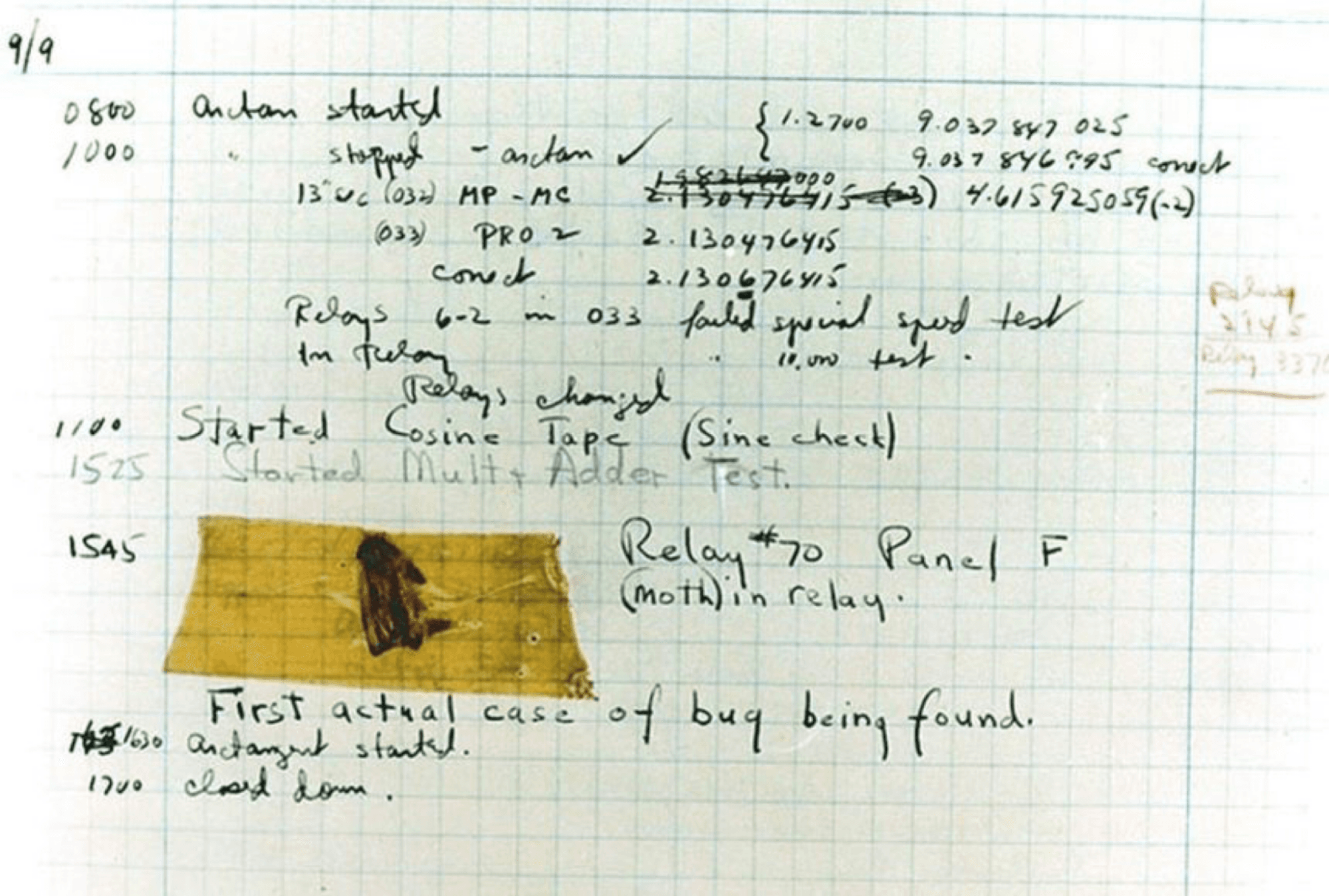 Photo of handwritten notebook, moth taped to page next to "First actual case of a bug being found."