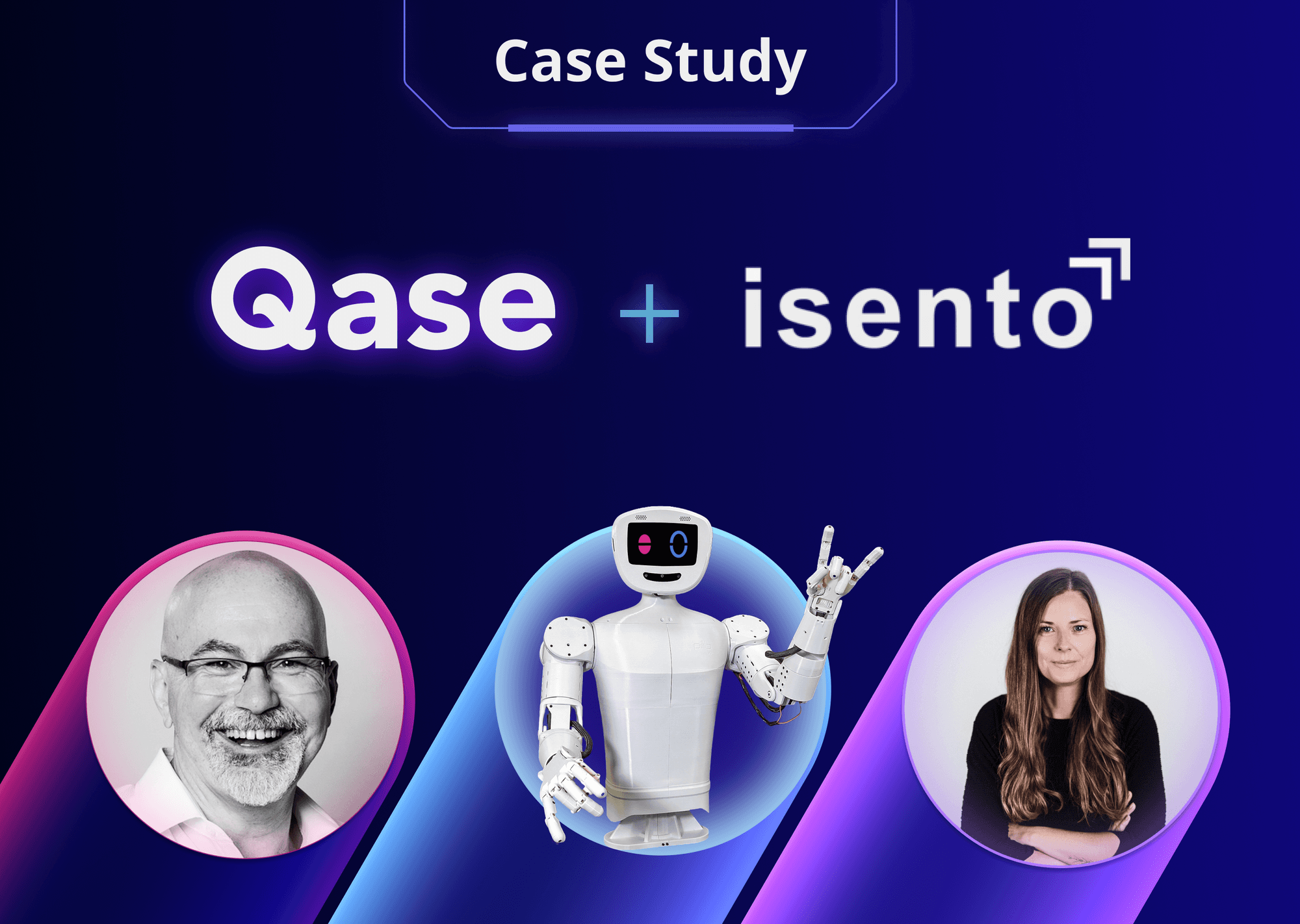 Text: Case Study, Qase + isento. Photos of Christian Brandes, Anika Danner, and pib humanoid robot