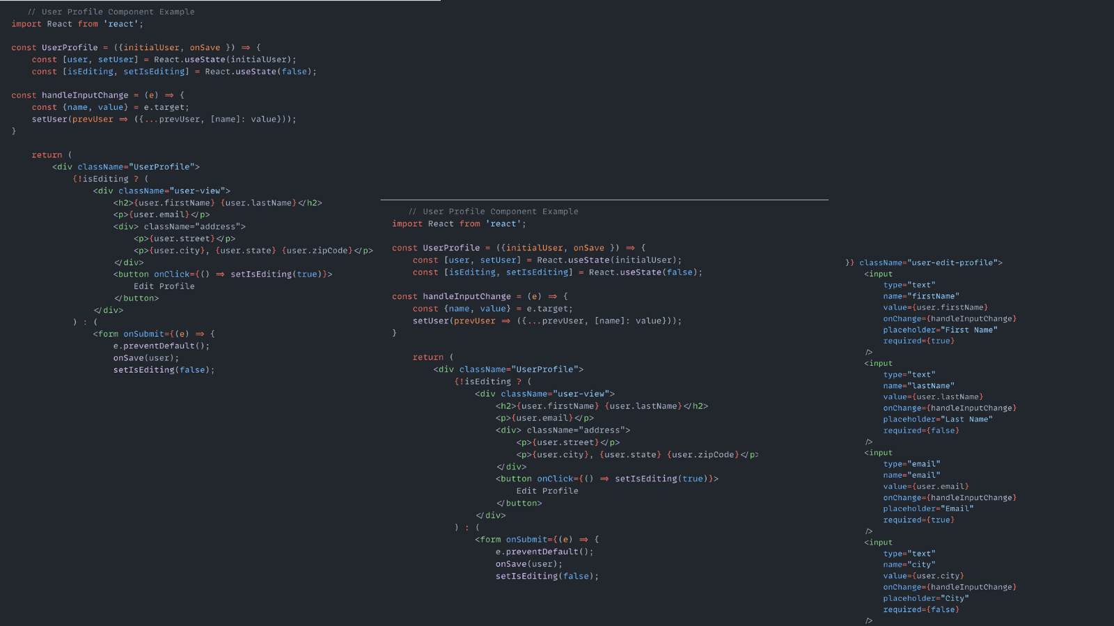 Screenshots of code for a basic user profile component