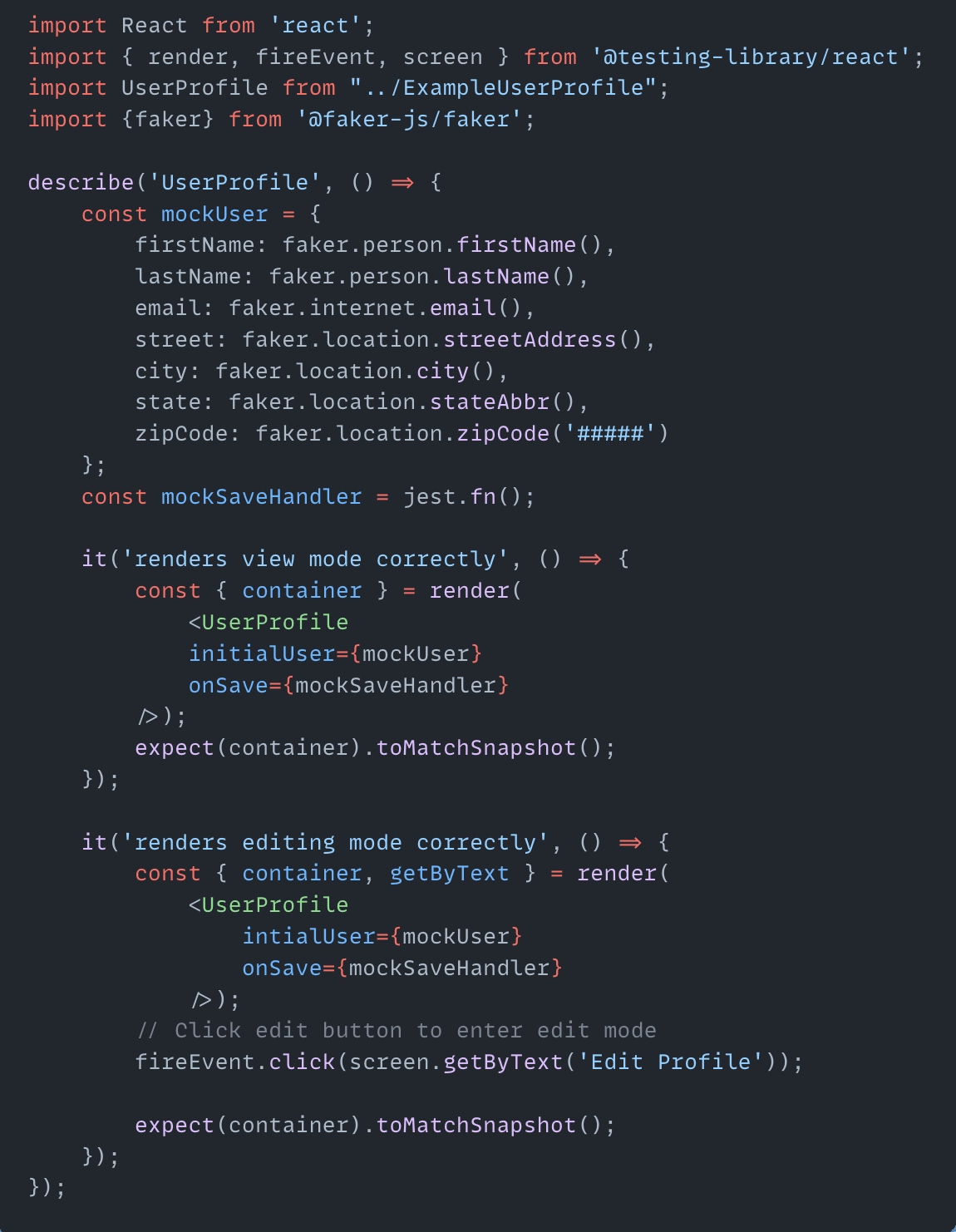 Screenshot of code to verify that the view and edit modes render correctly.
