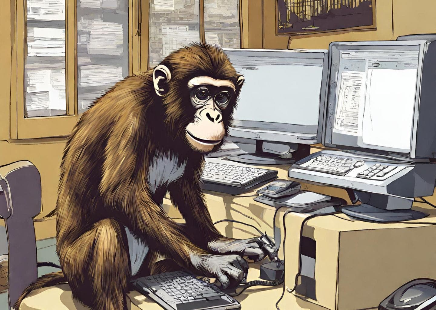 Monkey working on a computer with 2 screens
