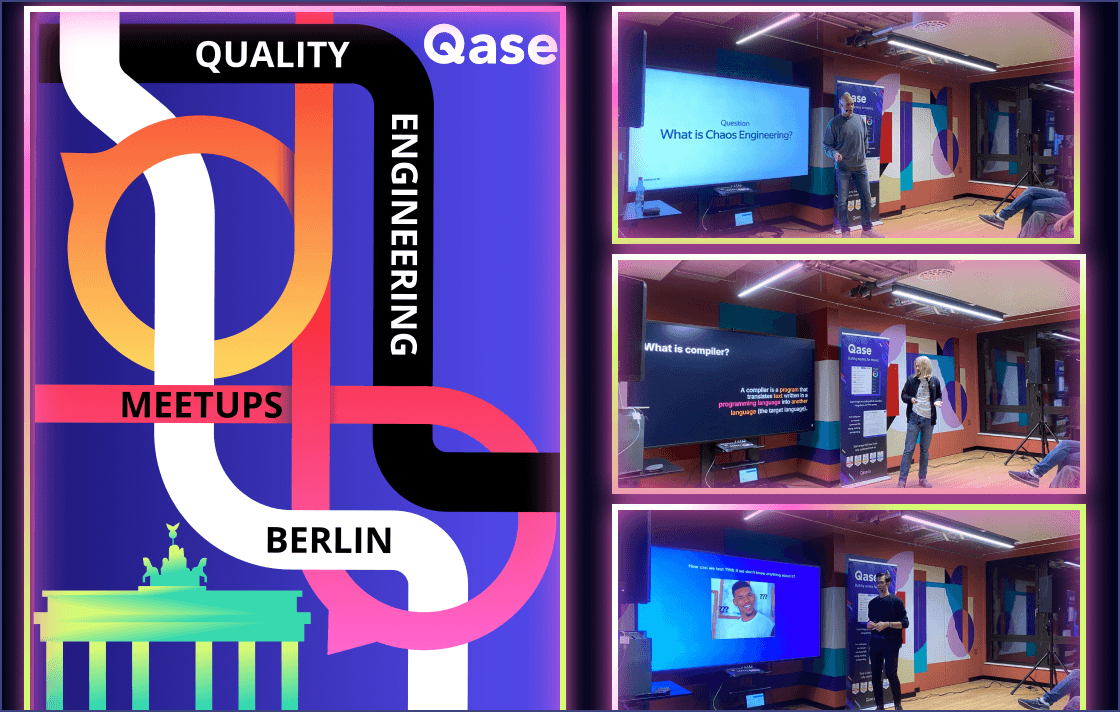 Photo collage of 3 presenters in front of projection screen and Qase banner