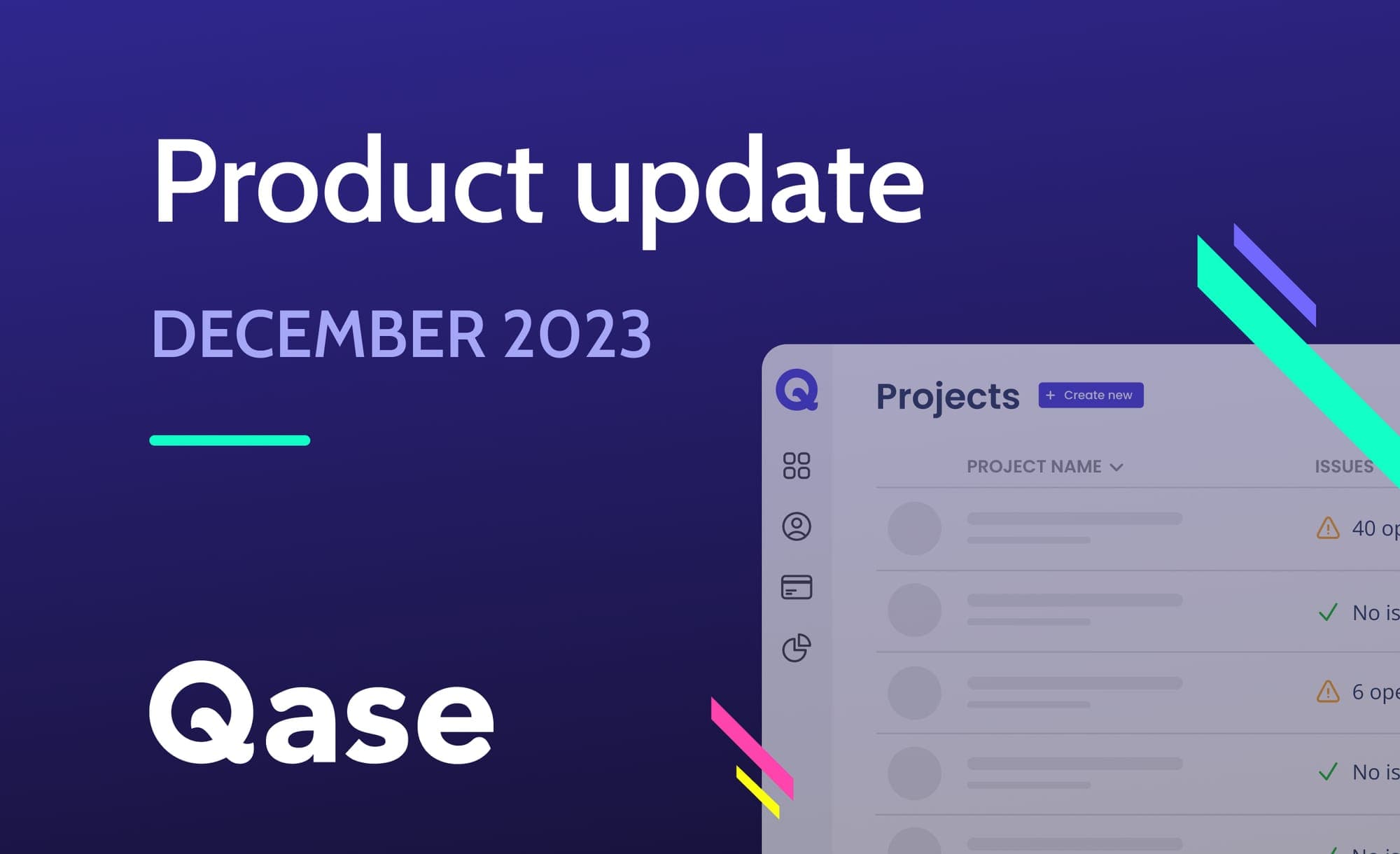 "Product update December 2023" above Qase logo and next to screenshot of Qase Projects