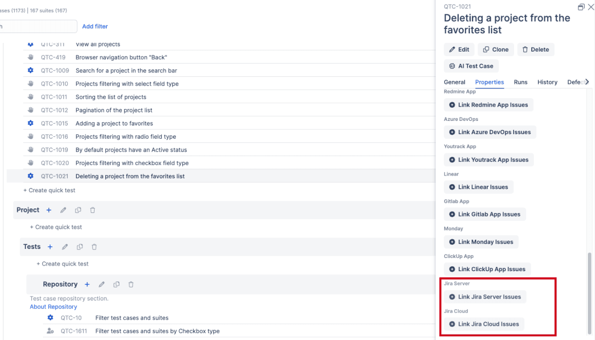 Qase test management tool, "link to Jira server issues" and "link Jira Cloud issues" button highlighted