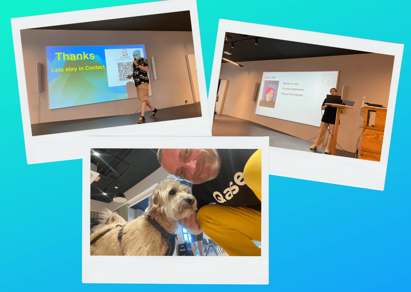 Three photos in polaroid frames: Frank Hampe giving a talk, Anastaiya Khabarova giving a talk, Vitaly Sharovatov with dog