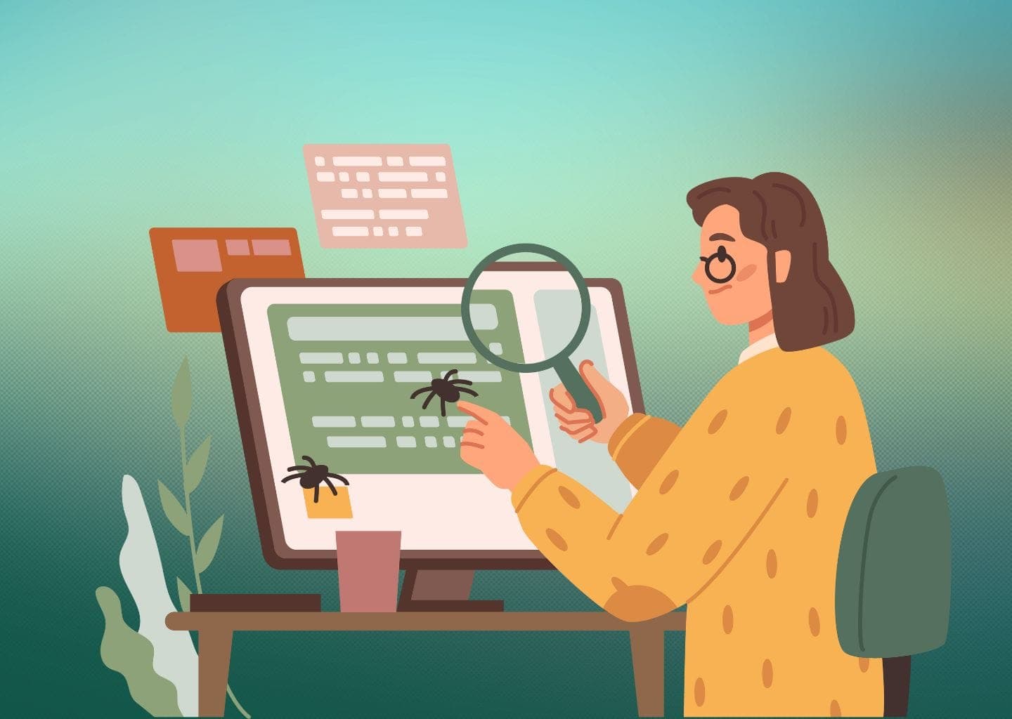 Illustration of woman wearing glasses, holding magnifying glass over computer screen with bugs
