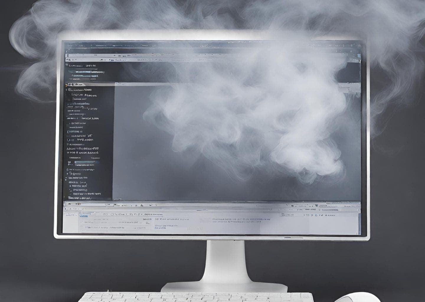 Computer screen with software application open, surrounded by smoke