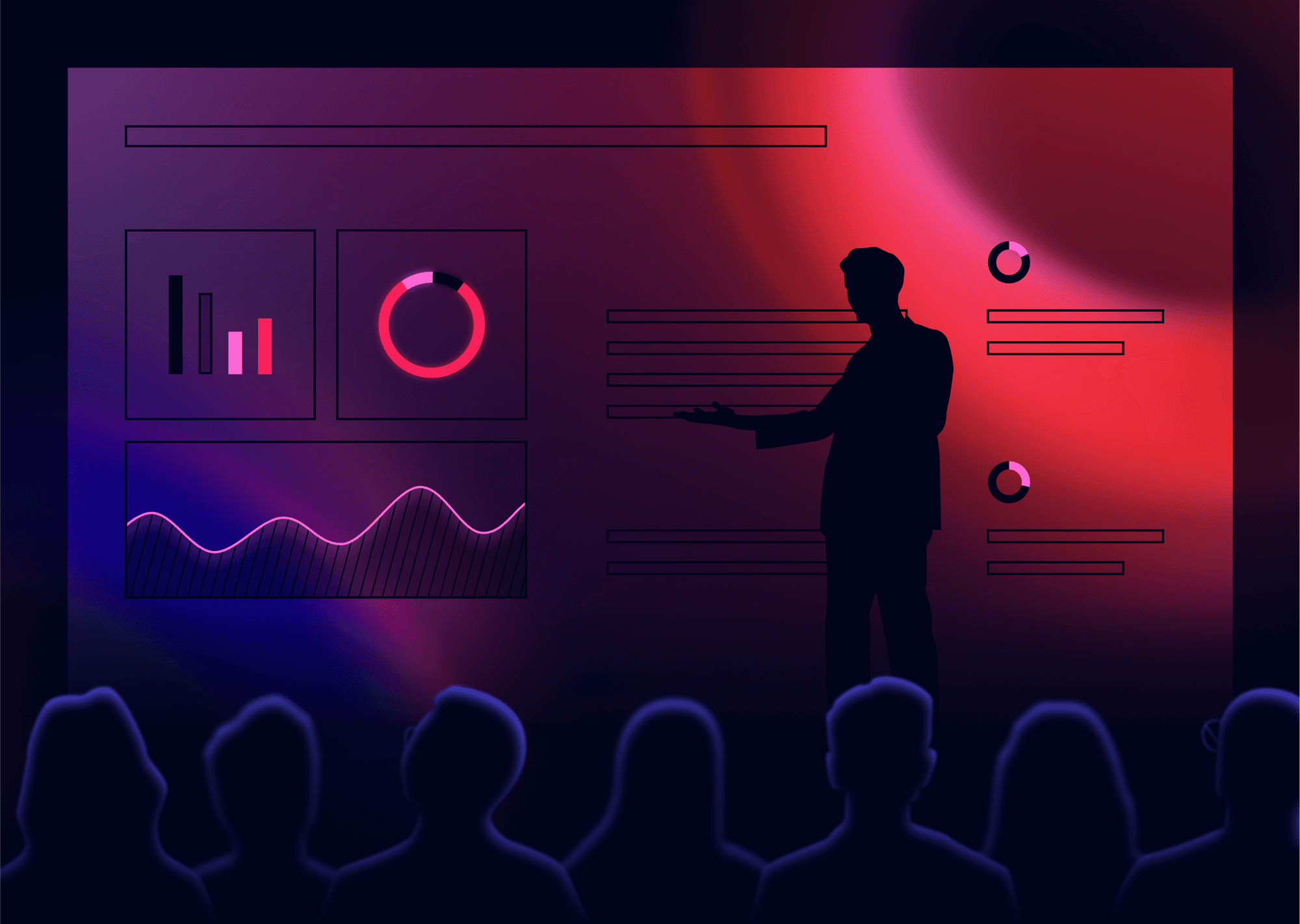 Illustration of a person presenting on stage with silhouettes of audience members