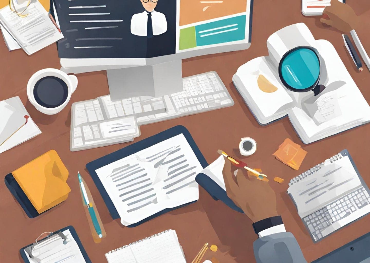 Illustration of a desk covered in notebooks, pens, a computer screen and keyboard, and a mug of coffee.