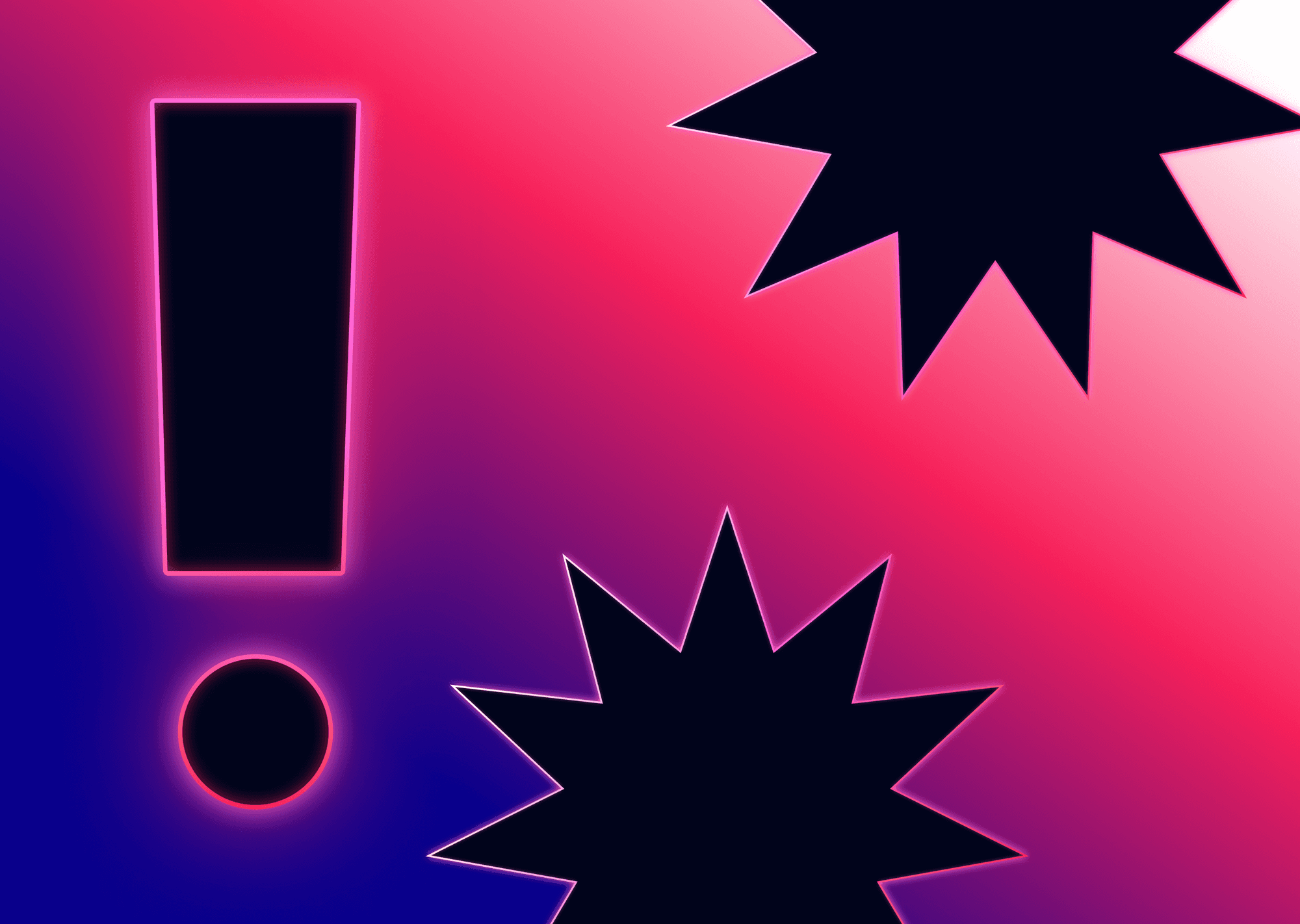 Violet to magenta gradient with neon glow icons of an exclamation point and two blast-style stars