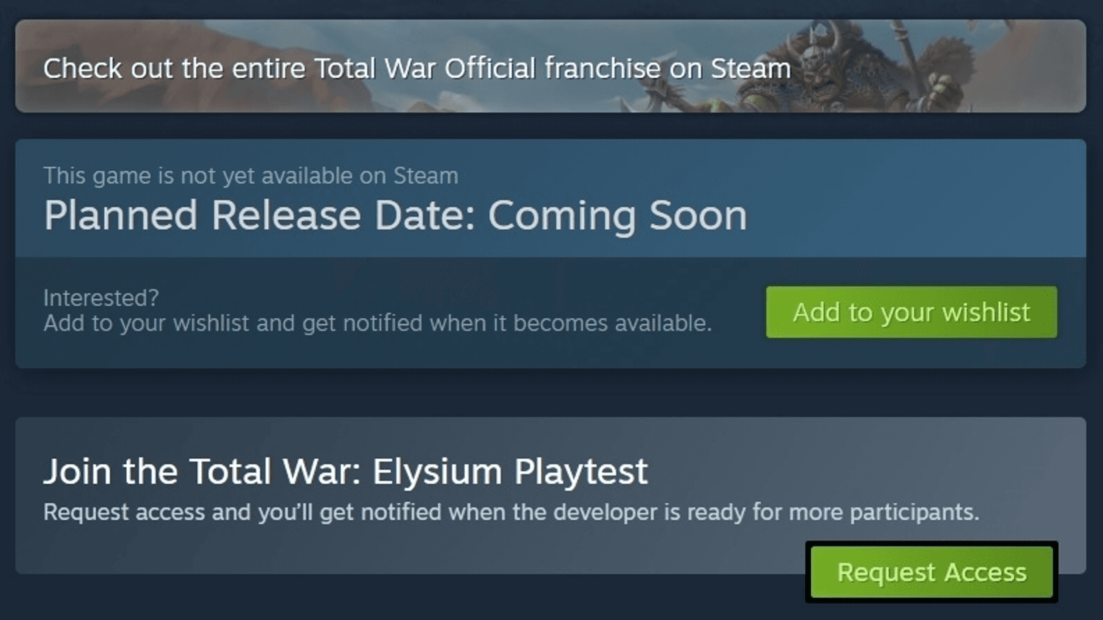 Screenshot of Total war Official franchise on team, offering access to a beta testing