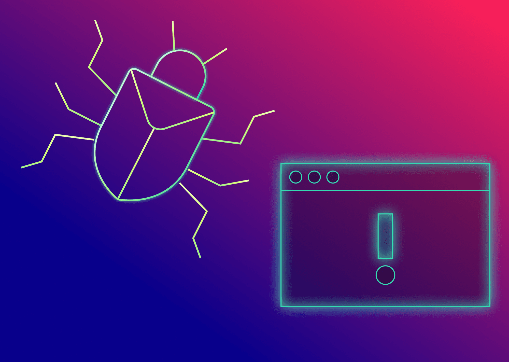 Illustration of bug and exclamation point on a screen